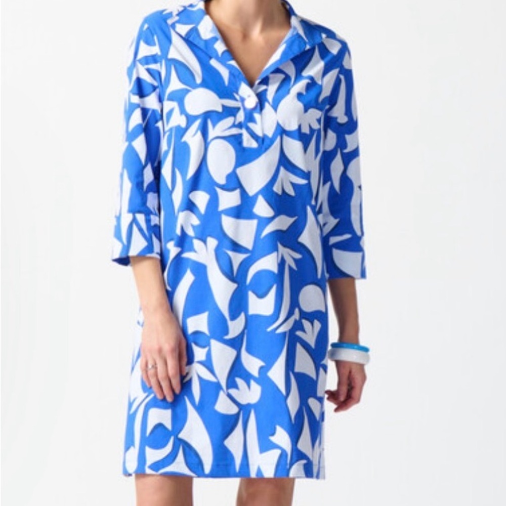 Joseph Ribkoff Blue & Vanilla Abstract  Printed Trapeze Dress